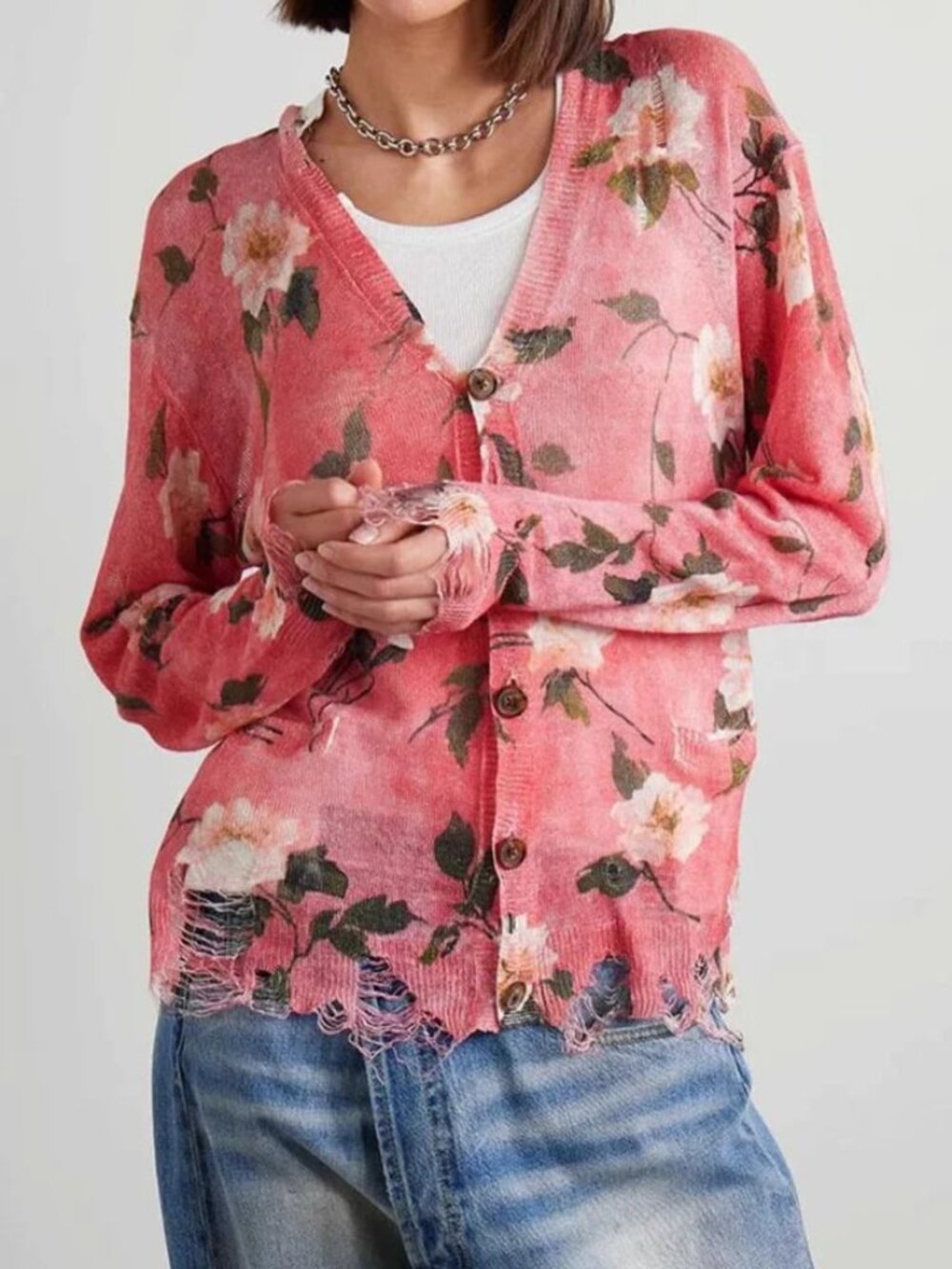 R13 NWOT Floral Boyfriend Distressed Cardigan S